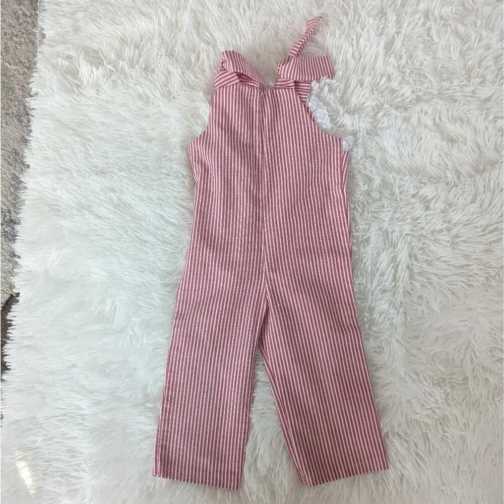 Vintage Girl's 1T Seersucker Red White Flower Jumpsuit Applique USA Made